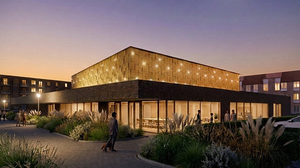 Impressie van het nieuwe gebouw in de avond