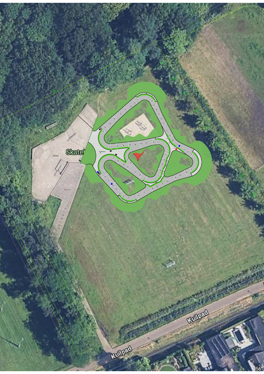 Luchtfoto van het Kuilveld met erop getekend de skatebaan en pumptrackbaan