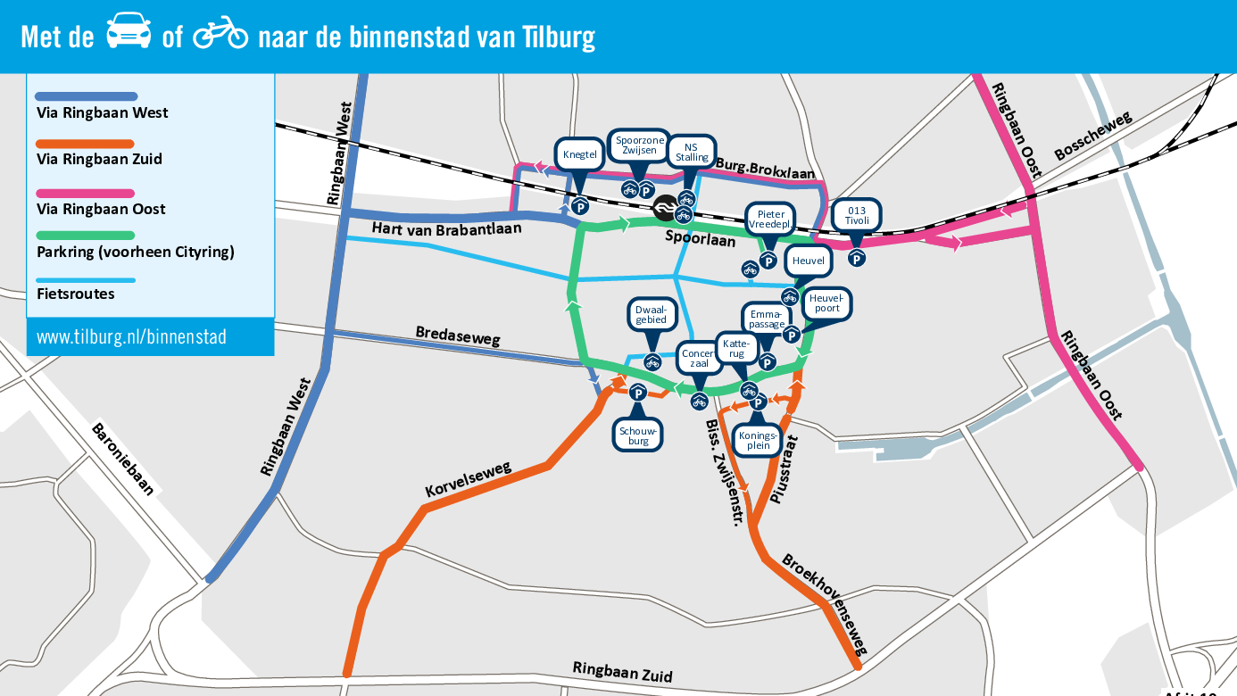Kaart met parkeergarages en fietsenstalling in de binnenstad van Tilburg