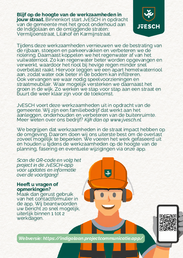 Flyer met informatie van de aannemer over het groot onderhoud aan de Indigolaan en omgeving