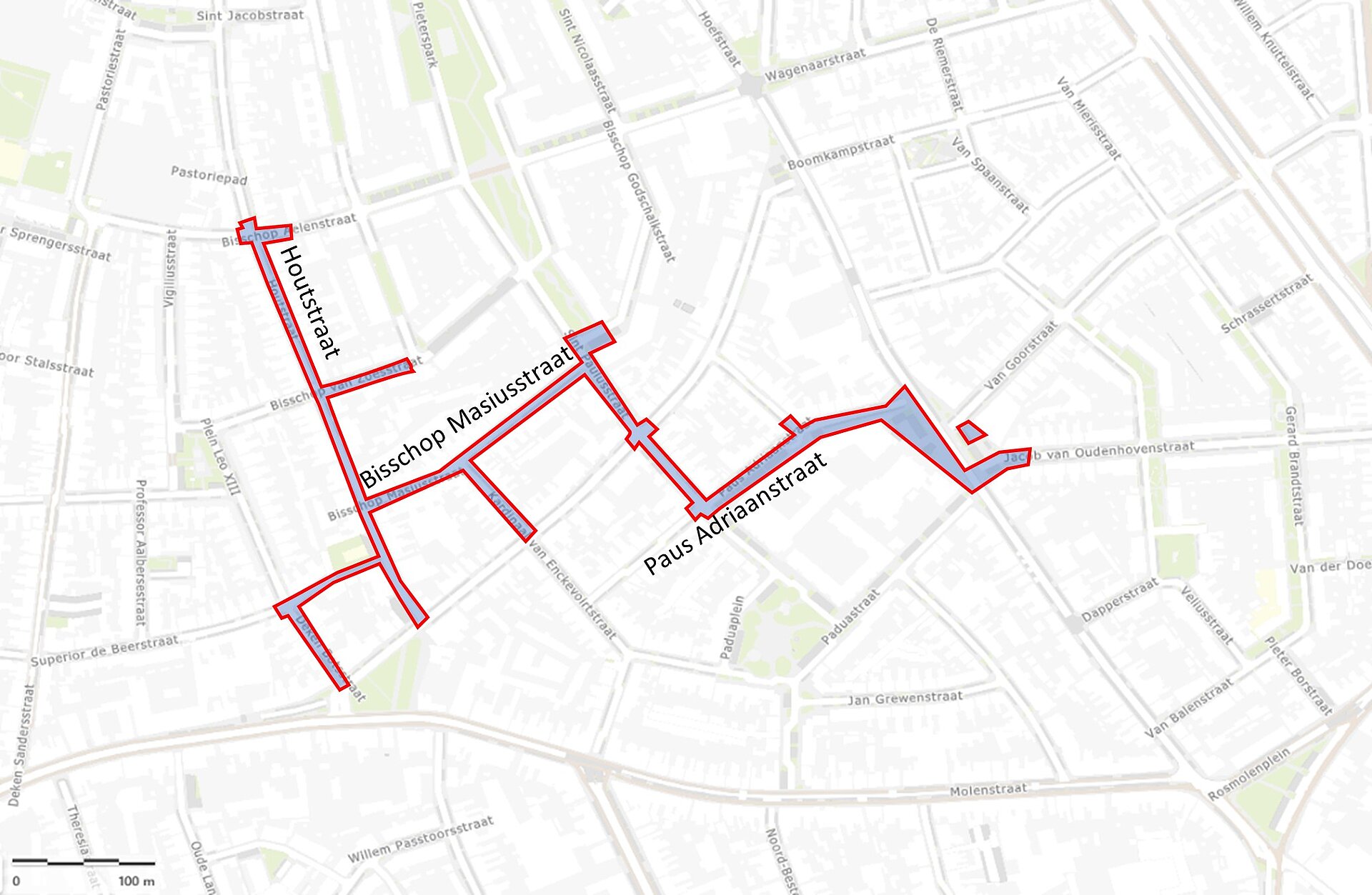 Kaart projectgebied Bisschop Masiustraat met erop de straatnamen Houtstraat, Bisschop Masiusstraat en Paus Adriaanstraat