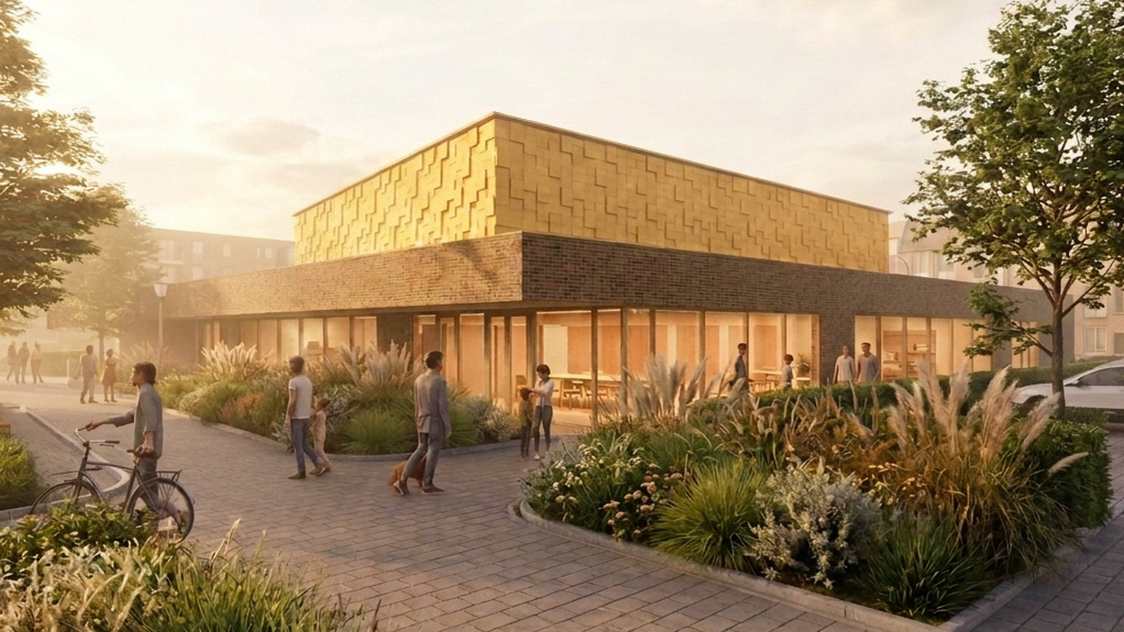 Impressie van het nieuwe gebouw overdag