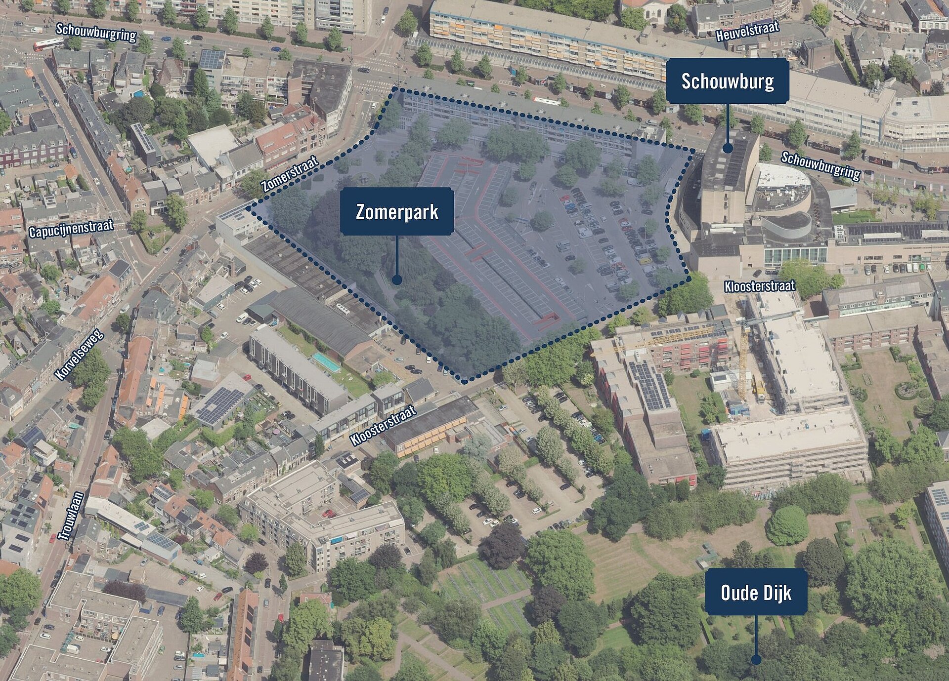 Luchtfoto met onder andere het Louis Bouwmeesterplein
