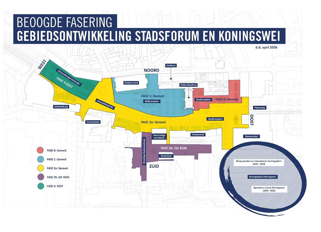Kaartje met de fases waarin gewerkt wordt aan het Stadsforum