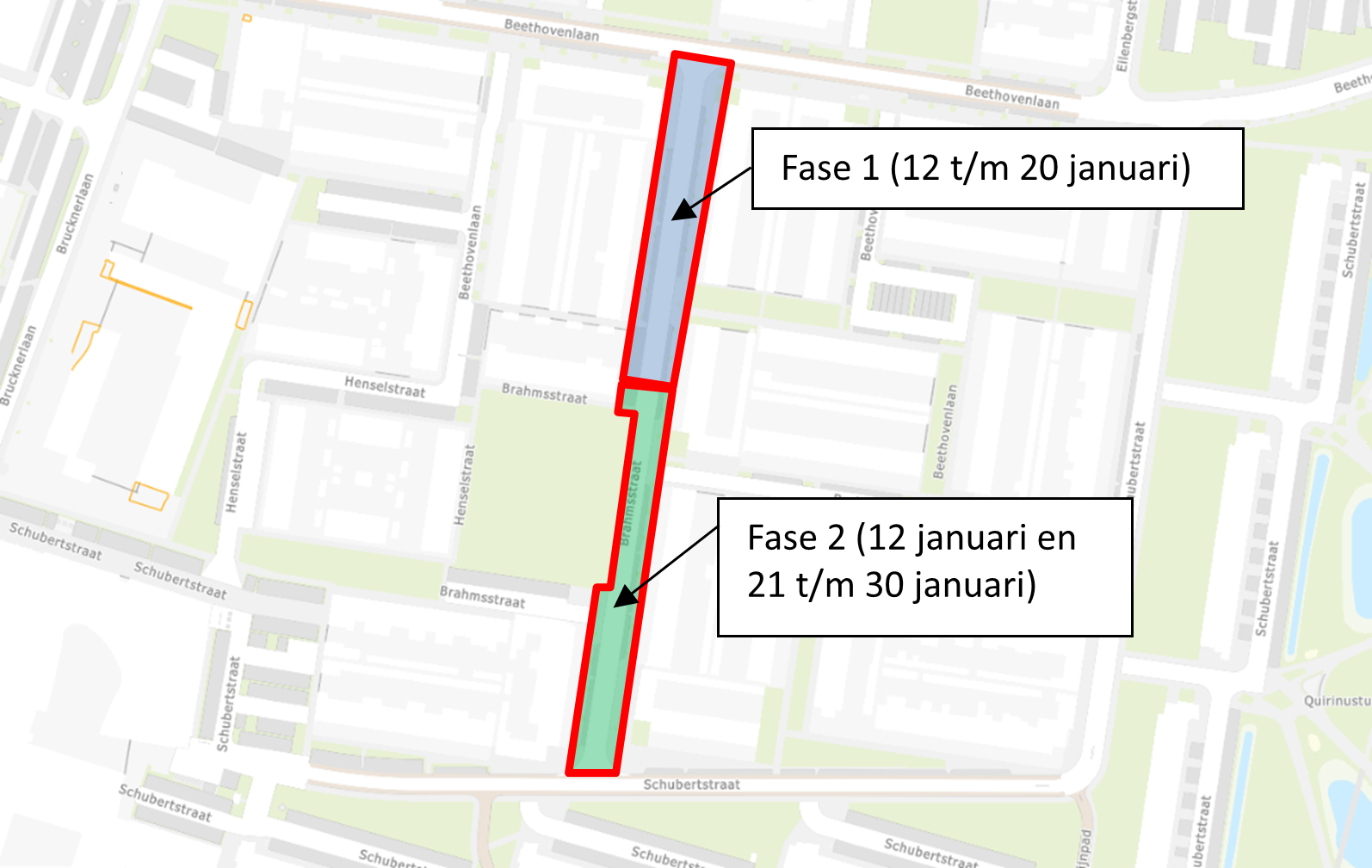 Kaart met de fases waarin de bomen gekapt worden in de Schubertstraat en Brahmsstraat