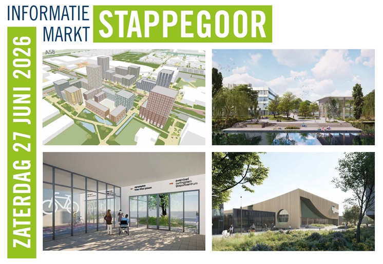 Uitnodiging informatiebijeenkomst met vier foto's van het toekomstige Stappegoor