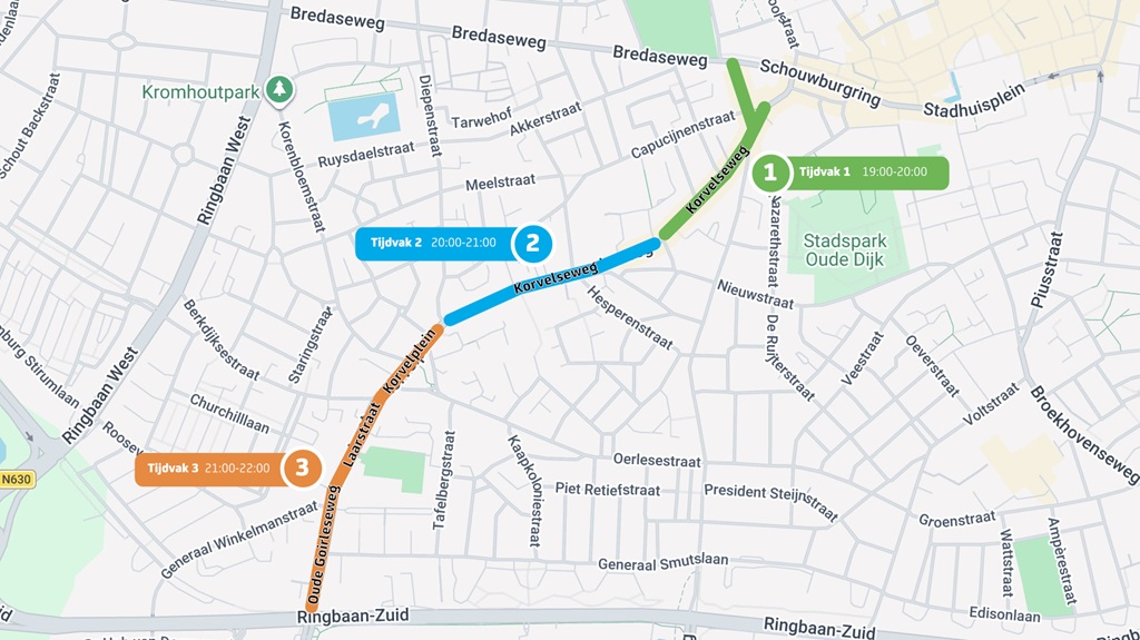 Plattegrond met tijdsloten per straat voor de informatiebijeenkomst op 23 juni