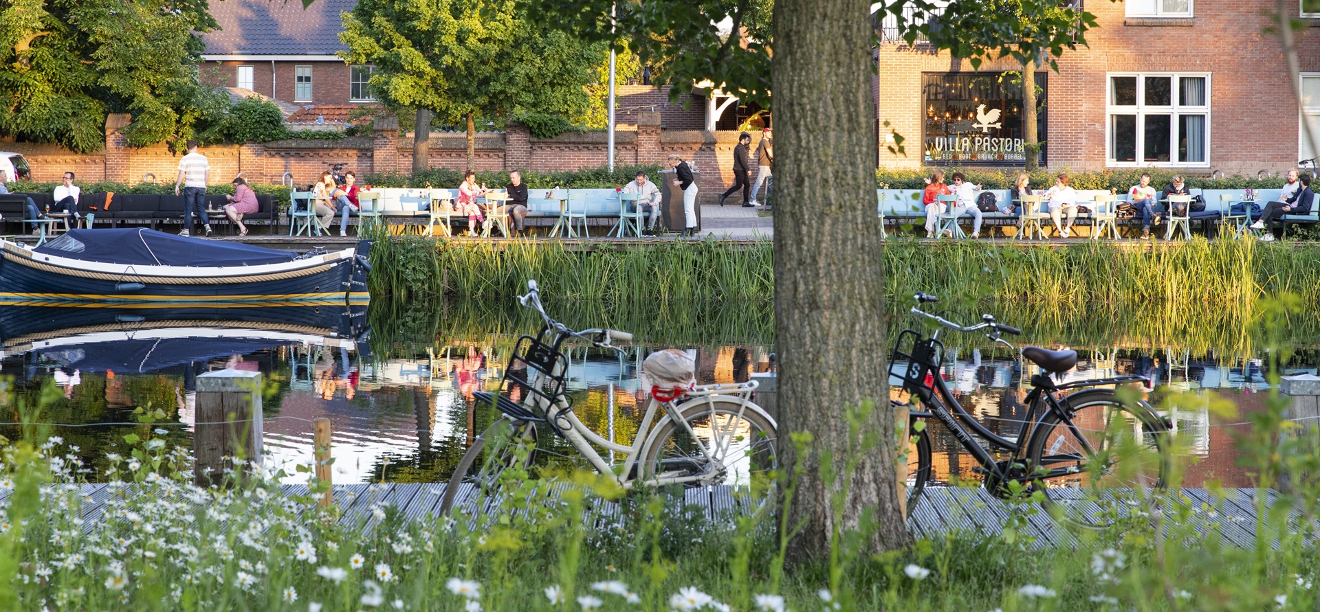 De piushaven met groen, fietsen en mensen op terrassen