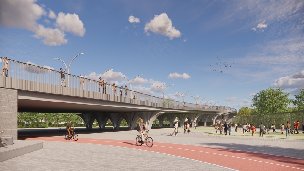 Tekening van hoe het nieuwe spoorviaduct er uit moet komen zien
