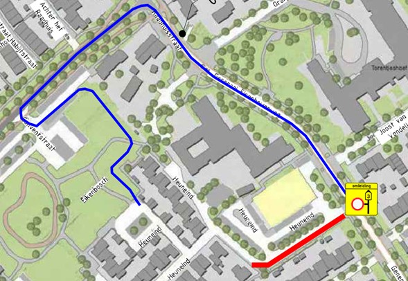 Kaartje met verkeersmaatregelen werk aan Voorhof