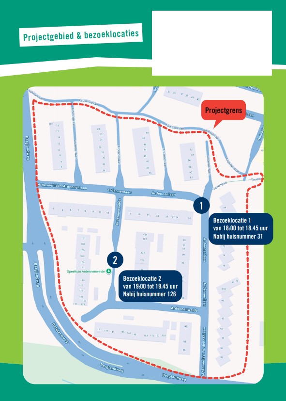 Achterkant flyer buurtbezoek Ardennenlaan en Ardennenweide 6 oktober 2026 met kaart projectgebied en bezoeklocaties