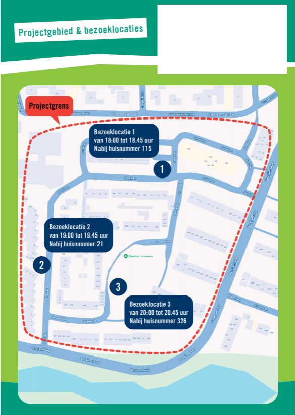 Achterkant flyer buurtbezoek Juralaan en Juraweide 23 september 2026 met kaart projectgebied en bezoeklocaties