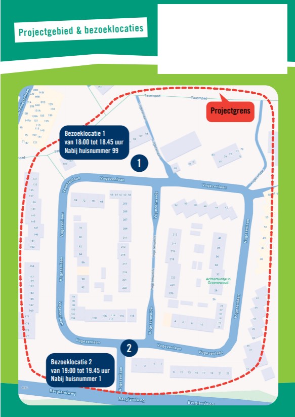 Achterkant flyer buurtbezoek Vogezenlaan en Vogezenweide 29 september 2026 met kaart projectgebied en bezoeklocaties
