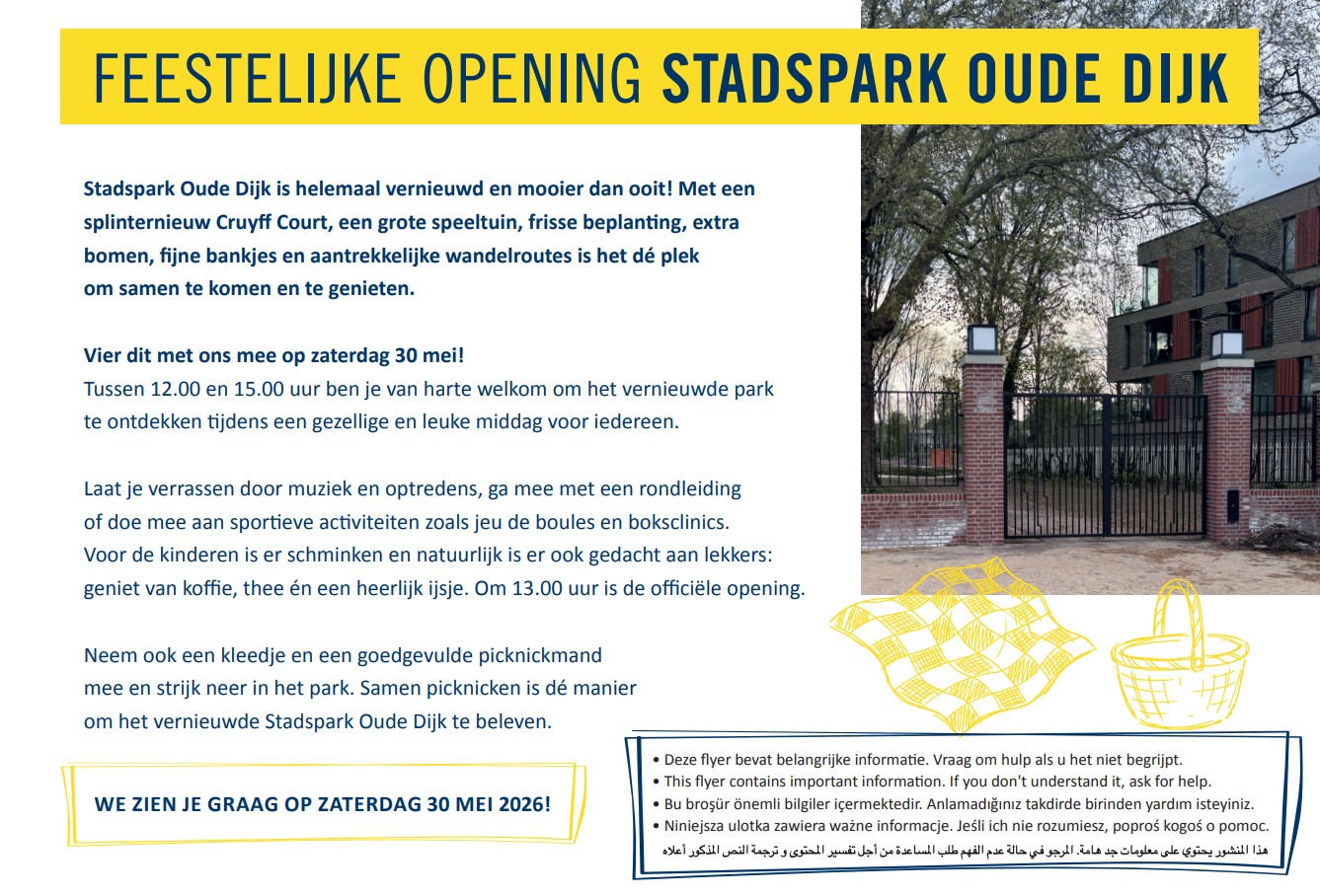 Achterkant flyer heropening Stadspark Oude Dijk