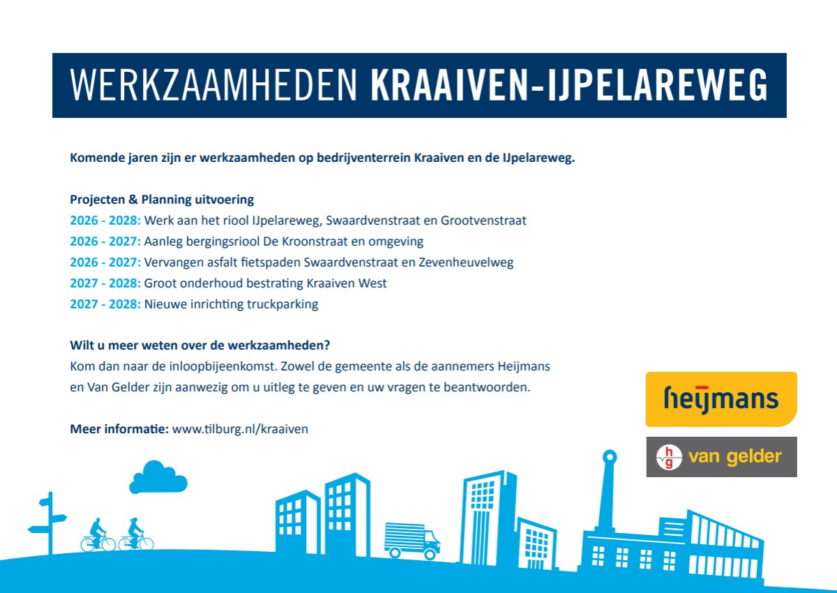 Achterkant flyer uitnodiging inloopbijeenkomst 30 september over werkzaamheden Kraaiven-IJpelareweg met logo's van aannemers Heijmans en Van Gelder