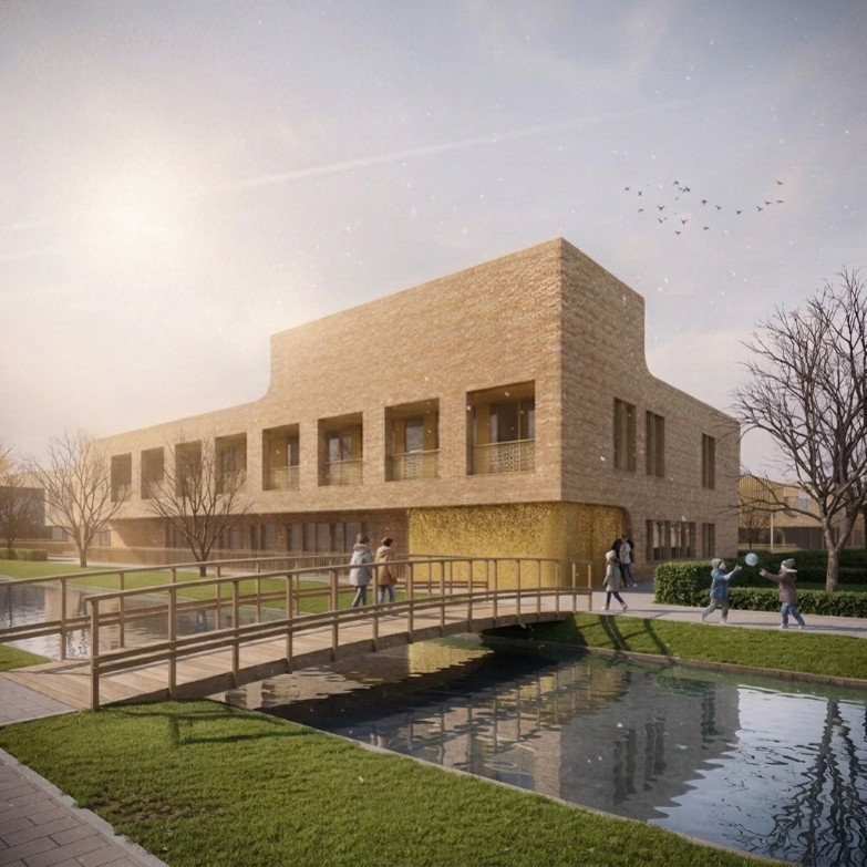 Afbeelding van ontwerp nieuw kindcentrum, gezien vanaf de Breukelentuin