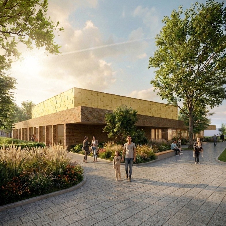 Afbeelding van ontwerp nieuwe gymzaal, gezien vanaf het gezondheidscentrum