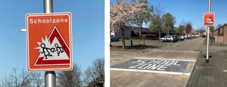 Foto van bord Schoolzone en foto van weg met tekst Schoolzone in straatstenen en paal met bord Schoolzone ernaast