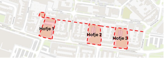 Kaart Beethovenlaan met de 3 hofjes