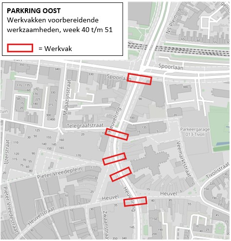 Kaart Parkring Oost met werkvakken voorbereidende werkzaamheden week 40 tot en met 51