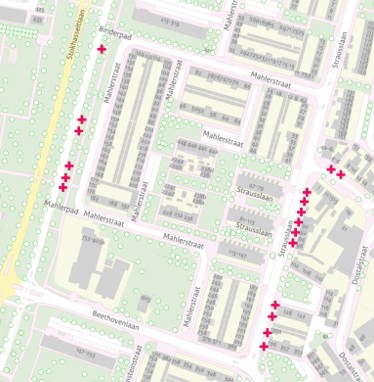 Kaartje Mahlerstraat en Strausslaan met 18 bomen die verwijderd gaan worden