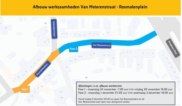 Kaart wegafsluting Rosmolenplein en Van Meterenstraat