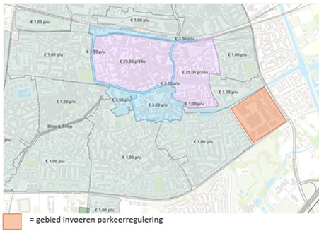 Kaart met het gebied waar de gemeente parkeerregeling wil invoeren