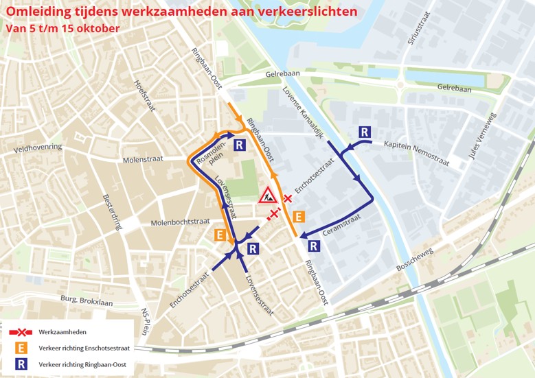 Kaart met omleiding tijdens werkzaamheden aan verkeerslichten Ringbaan-Oost - Enschotsebaan van 5 tm 16 oktober