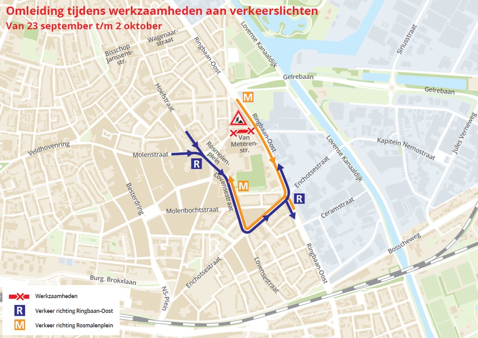 Kaart met omleiding tijdens werkzaamheden aan verkeerslichten Van Meterenstraat van 23 september tot en met 2 oktober