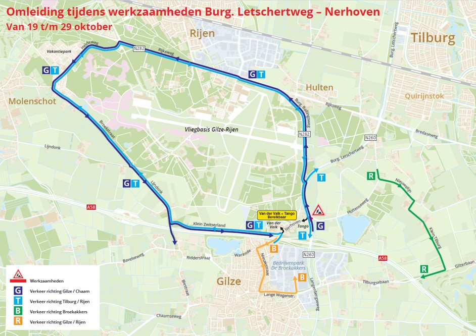 Kaart met omleiding tijdens werkzaamheden aan verkeerslichten kruispunt Burgemeester Letschertweg - Nerhoven van 19 tot en met 29 oktober