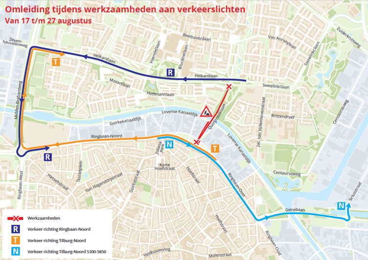 Kaart met omleidingen tijdens vervanging verkeerslichten kruispunt Ringbaan-Noord - Quirijnstoklaan