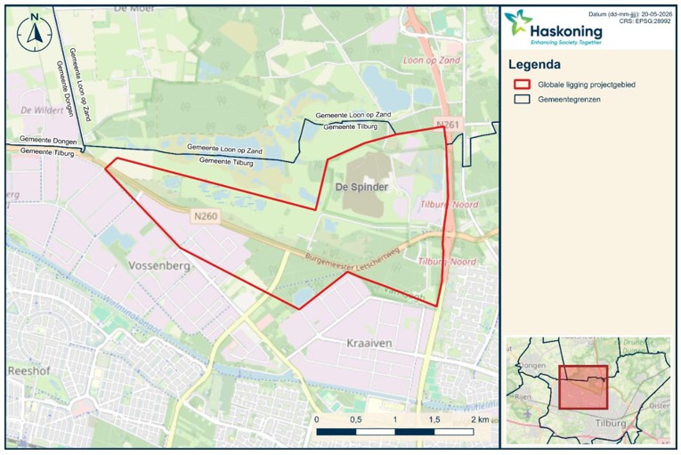 Kaart met rood omlijnd het zoekgebied voor windmolens in energiehub SpinderVossenberg