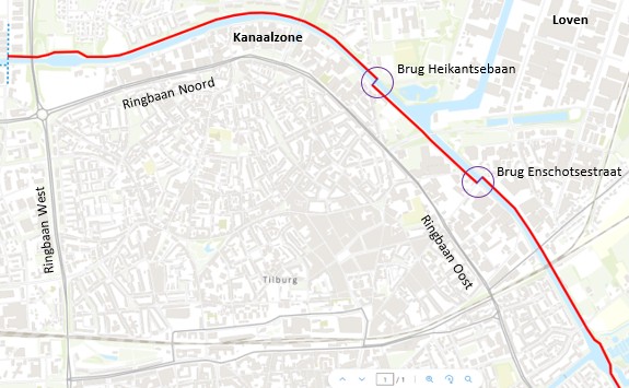 Kaart met route van snelfietsroute Tilburg – Eindhoven (F58) door Tilburg