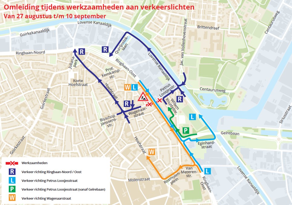 Kaart tijdens omleidingen tijdens vervanging verkeerslichten kruispunt Ringbaan - Oost - Petrus Loosjesstraat