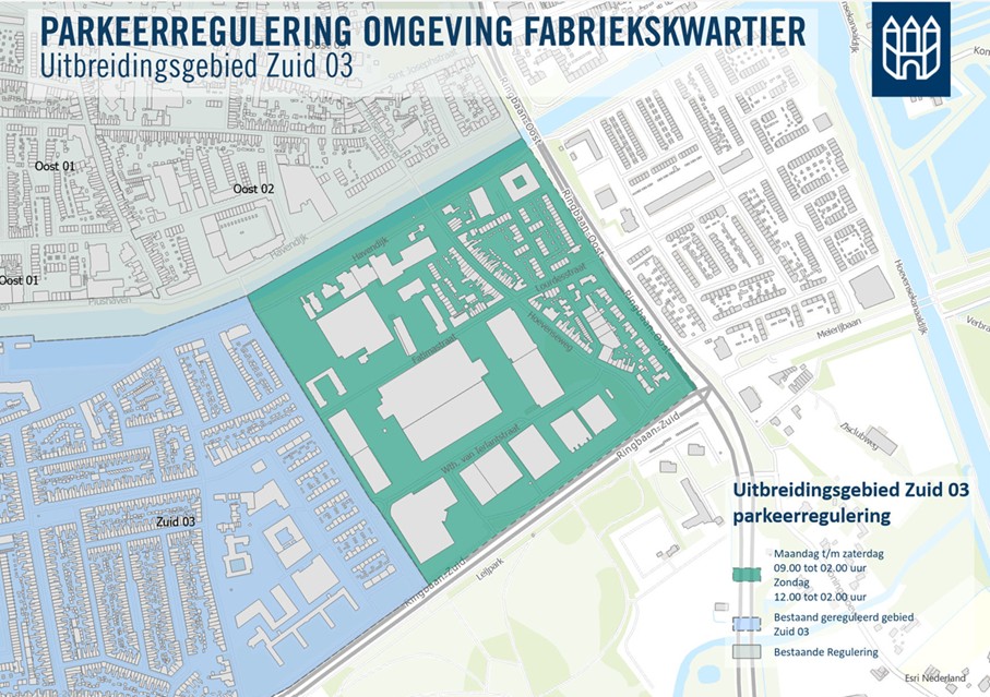 Kaart uitbreidingsgebied parkeerzone Zuid 03 Fabriekskwartier