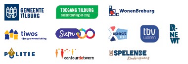 Logo's Gemeente Tilburg, Toegang Tilburg ondersteuning en zorg, Wonen Breburg, Tiwos Tilburgse woonstichting, Siem, Xpect013, TBV Wonen, R-newt, Politie, ContourdeTwern, De Spelende Kinderopvang
