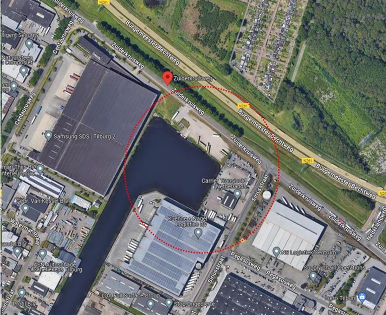 Luchtfoto bedrijventerrein Loven met locatie Zuiderkruisweg en Siriusstraat rood omcirkeld