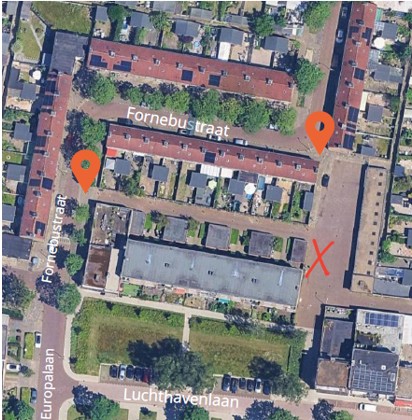 Luchtfoto Luchthavenlaan, Europalaan, Fornebustraat en Beneluxlaan met de aanbiedplekken voor duocontainers