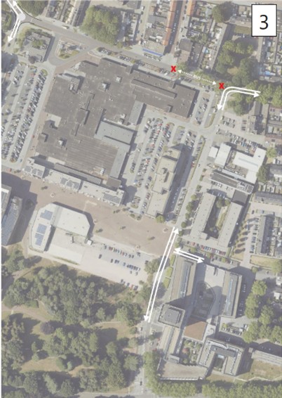 Luchtfoto Wagnerplein met rijrichtingen tijdens testopstelling 3