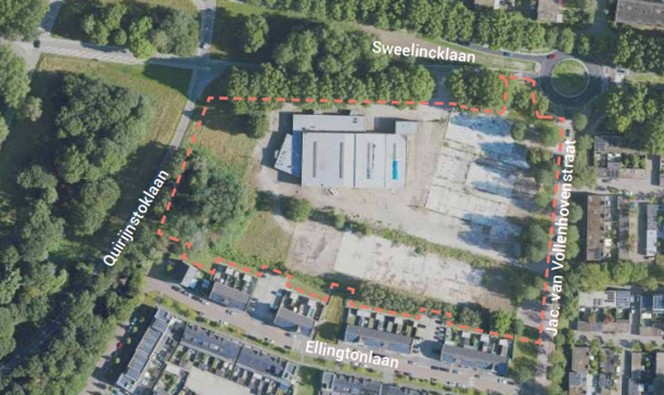 Luchtfoto plangebied Sweelincklaan met er omheen de straatnamen Sweelincklaan, Jac. van Vollenhovenlaan, Ellingtonlaan en Quirijnstoklaan