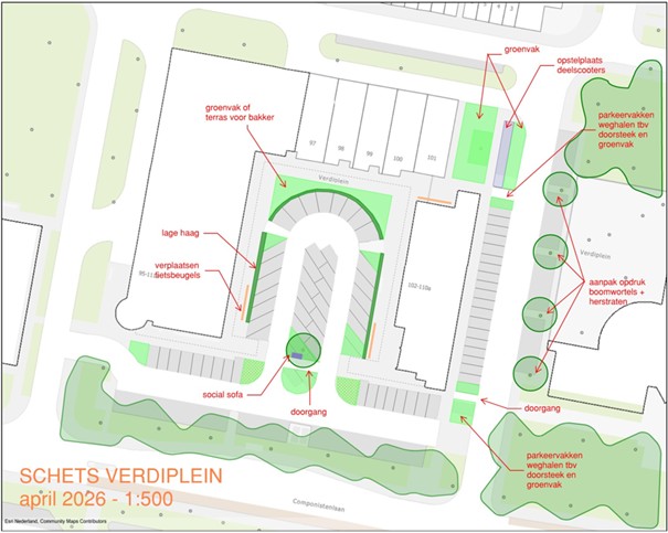 Plattegrond Verdiplein met verbeteringen die de gemeente gaat uitvoeren