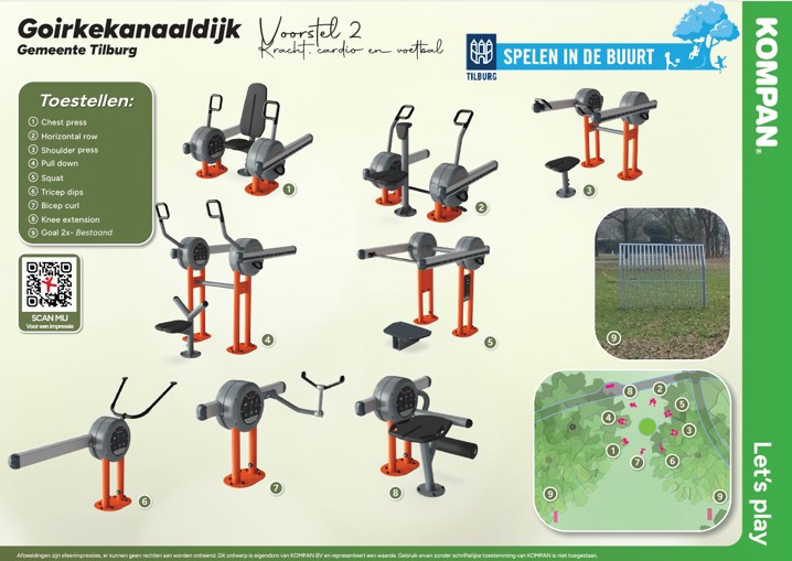 Tekening, plattegrond en namen van de fitnesstoestellen die komen aan de Hoffmannlaan