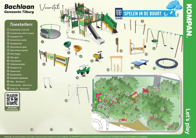 Tekening, plattegrond en toestelnamen van de speeltuin die komt aan de Bachlaan