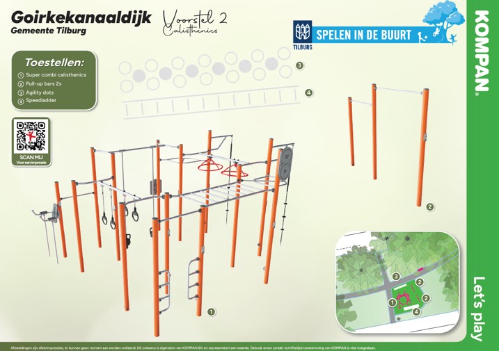 Tekening, plattegrond en namen van de calisthenicstoestellen die komen aan de Hoffmannlaan