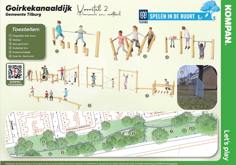 Tekening, plattegrond en toestelnamen van het parcours dat komt aan de Goirkekanaaldijk tussen de Chopinstraat en Hoffmannlaan