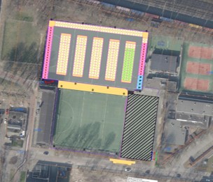 Tekening van tijdelijke parkeerplaatsen op noordelijke hockeyveld