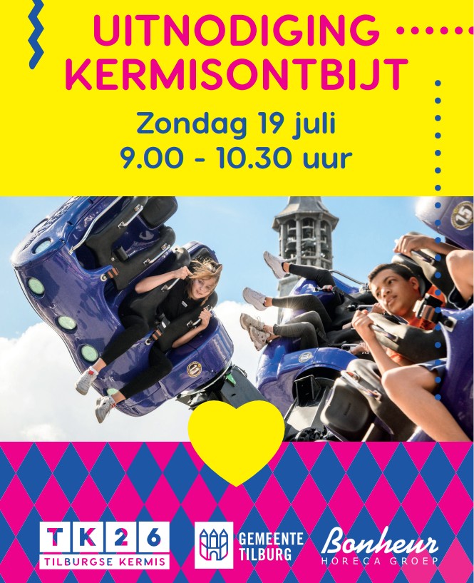 Voorkant flyer uitnodiging kermisontbijt 2026 met kermisfoto en logo's Tilburgse kermis 2026, Gemeente Tilburg en Bonheur Horeca Groep