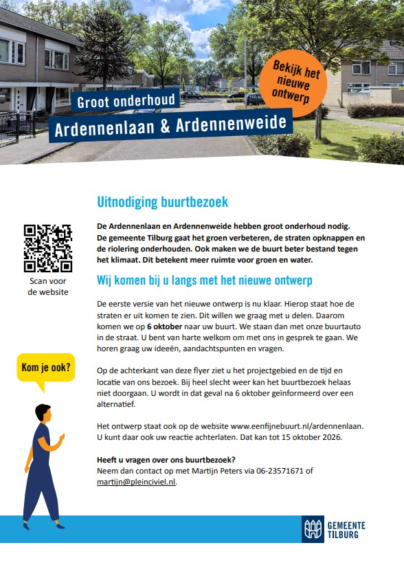 Voorkant flyer buurtbezoek Ardennenlaan en Ardennenweide 6 oktober 2026 met tekst en QR-code website