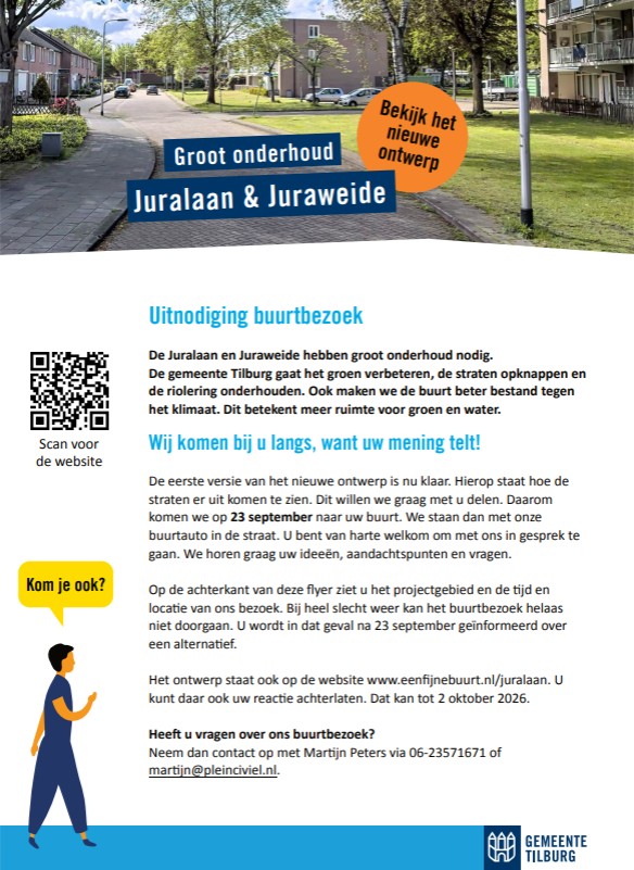 Voorkant flyer buurtbezoek Juralaan en Juraweide 23 september 2026 met tekst en QR-code website