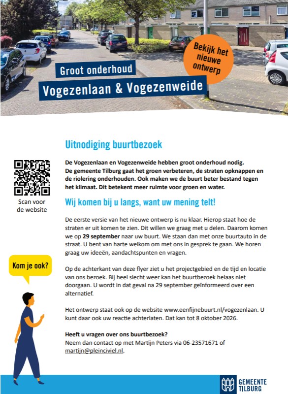 Voorkant flyer buurtbezoek Vogezenlaan en Vogezenweide 29 september 2026 met tekst en QR-code website